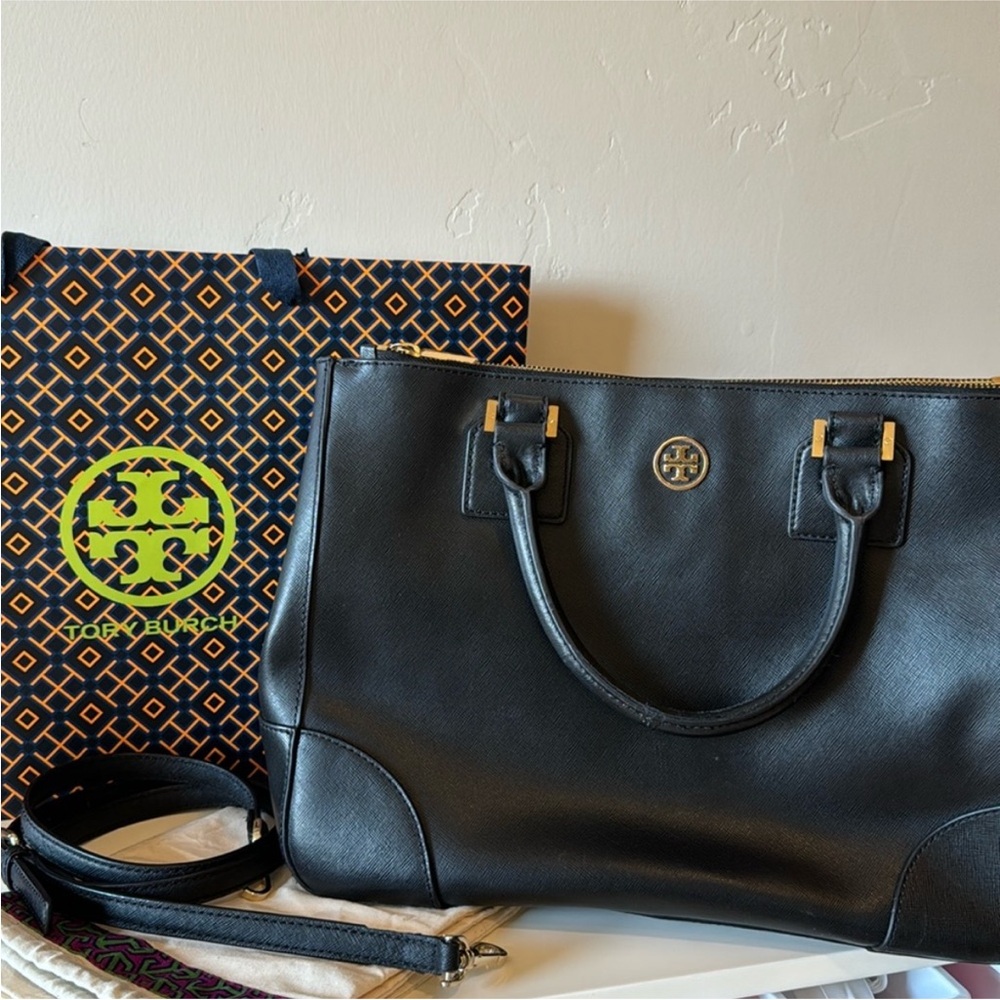 Tory Burch Black Leather Bag with Gold Accents